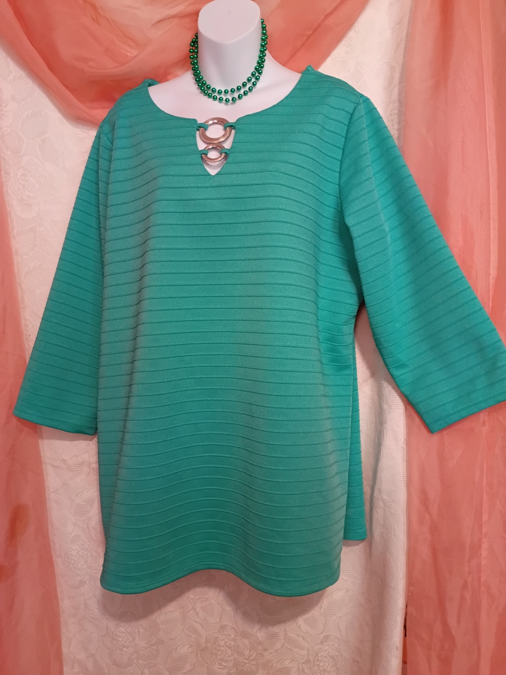 JM Collection Ladies Teal Green Ribbed Tunic with Decorative Ring Sz 1X